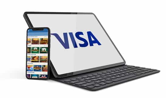 Uno smartphone con il logo della carta Visa connesso ad un sito di casinò
