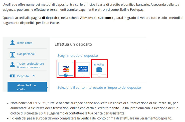 Una miniatura dei metodi di pagamento su AvaTrade