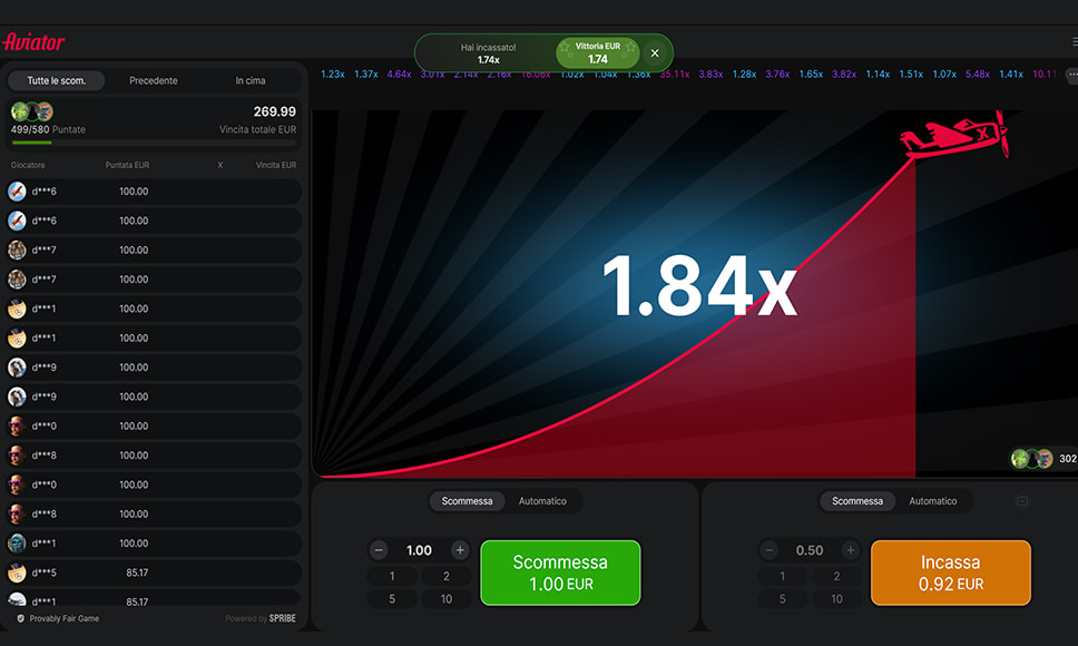 Incasso di una vincita ad Aviator
