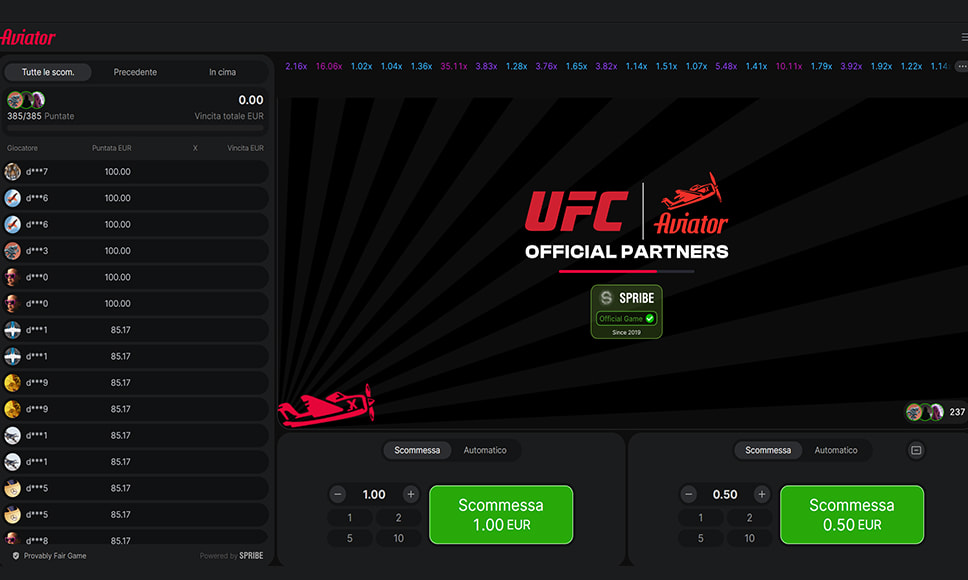 Impostazione di una puntata ad Aviator