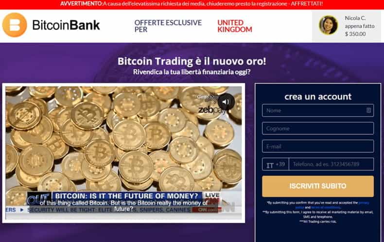 La home page di Bitcoin Bank.