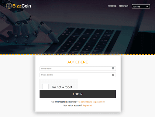 La home page di Bizz Coin