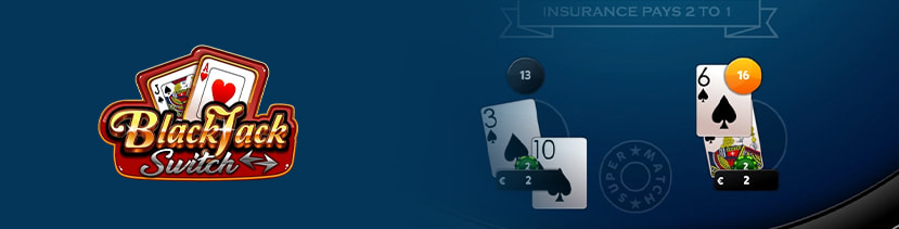 Il logo di Blackjack Switch con carte da gioco e punteggi.