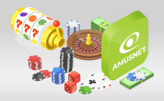 Logo Amusnet con elementi grafici di gioco.