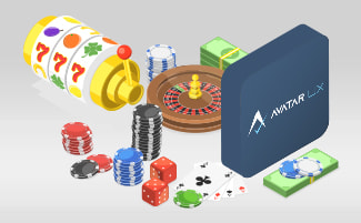 Logo AvatarUX con fiches da casinò, roulette e slot.