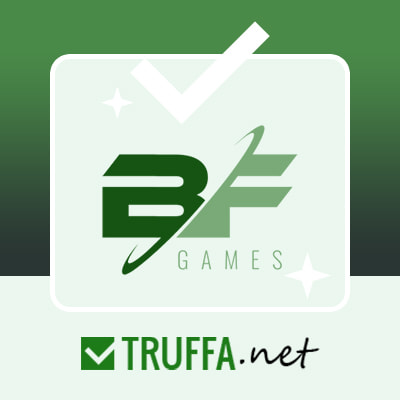 Logo di BF Games in verde e bianco con scritta Truffa.net