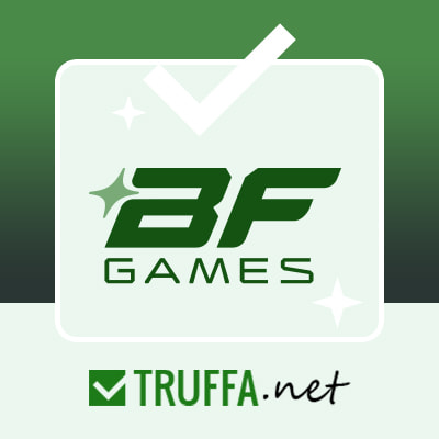 Logo di BF Games in verde e bianco con scritta Truffa.net