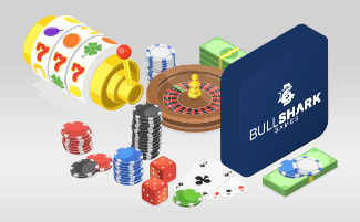 Logo Bullshark Games con elementi grafici di slot e giochi da casinò.
