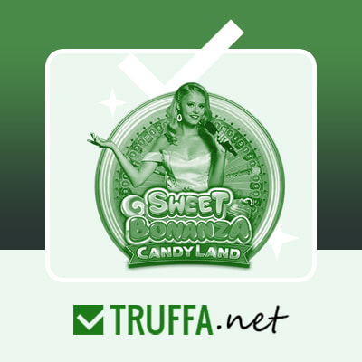 La ruota di Sweet Bonanza CandyLand con una presentatrice e il logo di Truffa.net.