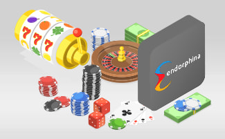 Logo Endorphina con fiches da casinò, roulette e slot.
