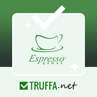 Logo Espresso Games con fiches da casinò, roulette e slot.