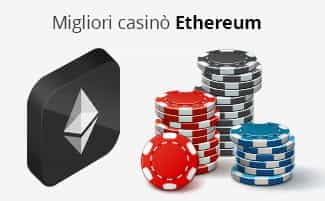Il logo di Ethereum, la scritta Migliori casinò Ethereum e delle chip da casinò