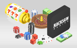 Logo Hacksaw Gaming con elementi grafici dei suoi giochi.