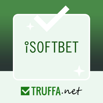 Logo iSoftBet con slot e simboli di casinò online.