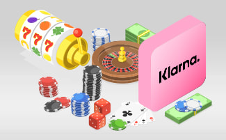 Un elemento con il logo di Klarna, delle chip da casinò, una roulette e dei rulli di slot