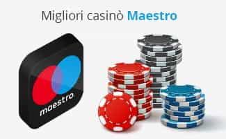 Il logo di Maestro, la scritta Migliori casinò Maestro e delle fiches da casinò