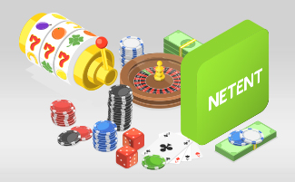 Logo Netent con fiches da casinò, roulette e slot.