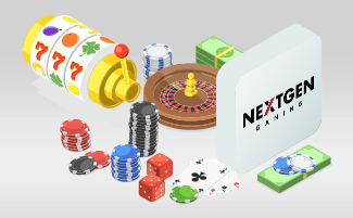 Logo NextGen con fiches da casinò, roulette e slot.
