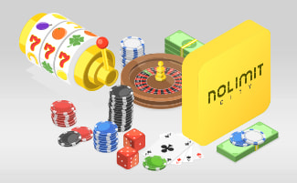 Logo Nolimit City con fiches da casinò, roulette e slot.