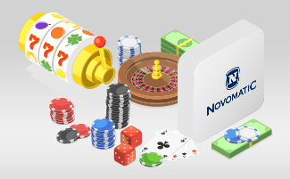 Logo Novomatic con elementi grafici di slot machine.