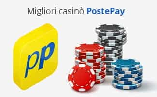 Il logo di Postepay, la scritta Migliori casinò Postepay e delle chip da casinò