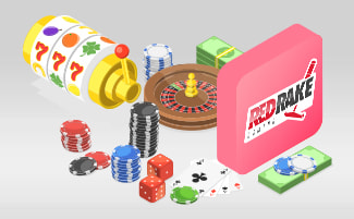 Logo Red Rake con elementi grafici di slot e giochi da casinò.