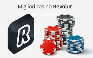 Il logo di Revolut, la scritta Migliori casinò Revolut e delle chip da casinò