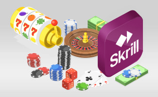 Il logo di Skrill, la scritta Migliori casinò Skrill e delle chip da casinò