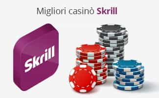 Il logo di Skrill, la scritta Migliori casinò Skrill e delle fiches da casinò