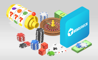 Logo Thunderkick con fiches da casinò, roulette e slot.