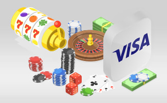 Il logo di Visa, la scritta Migliori casinò Visa e delle chip da casinò