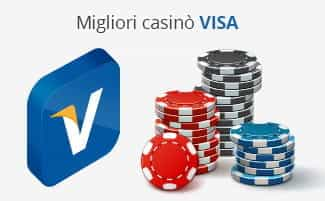 Il logo di Visa, la scritta Migliori casinò Visa e delle chip da casinò