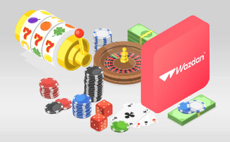 Logo Wazdan con fiches da casinò, roulette e slot.