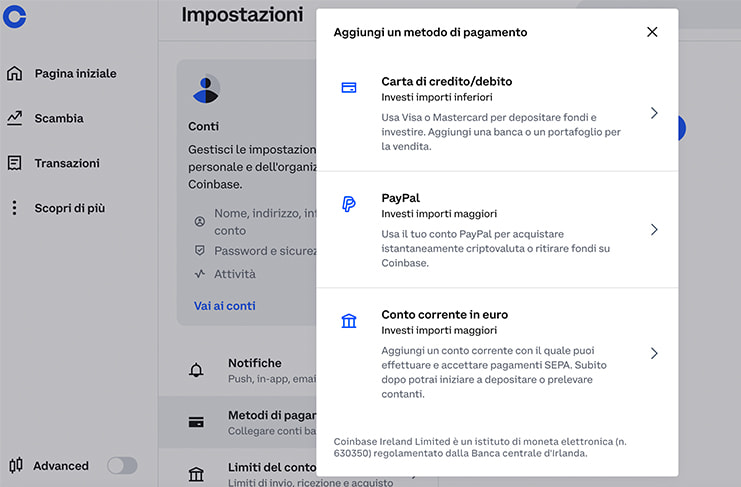 I metodi di pagamento su Coinbase