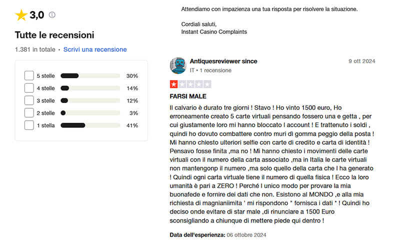 Esperienze negative su Instant Casino