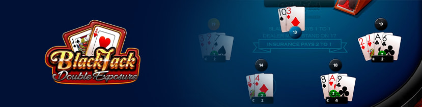 Il logo del Blackjack Double Exposure con una partita sul tavolo RNG.