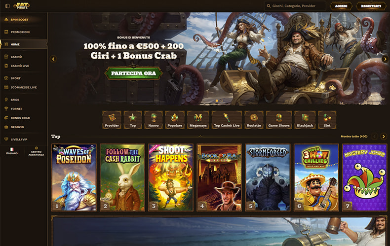 La homepage del casinò non AAMS Fat Pirate
