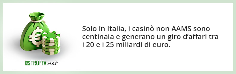 Elemento che informa sul fatto che in Italia i casinò non AAMS sono centinaia e generano un fatturato di oltre 18 miliardi di euro.