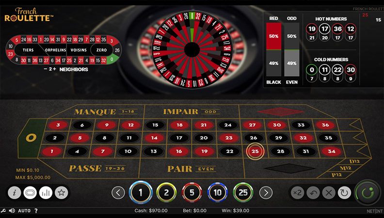 Il pannello Special Bets di French Roulette online