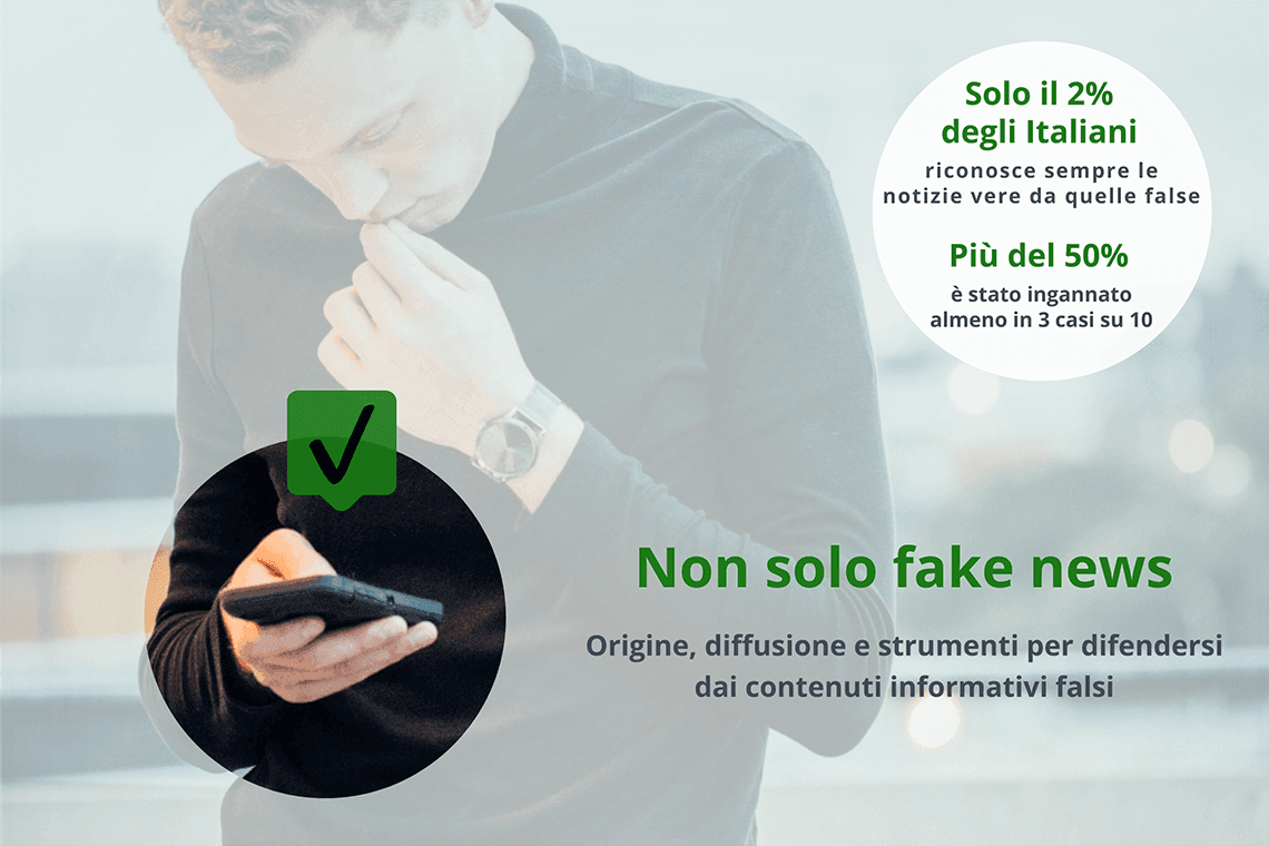 Ragazzo che guarda uno smartphone con dati sulle fake news