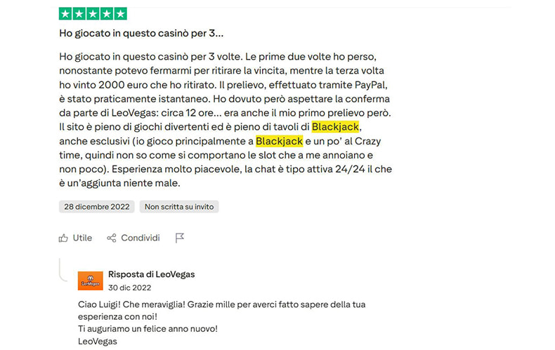La recensione su LeoVegas di un utente su Trustpilot con la risposta del servizio clienti.