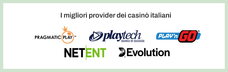 Illustrazione che mostra i migliori provider dei casinò online con i loghi di Pragmatic Play, Playtech, Play'n GO, NetEnt e Evolution.