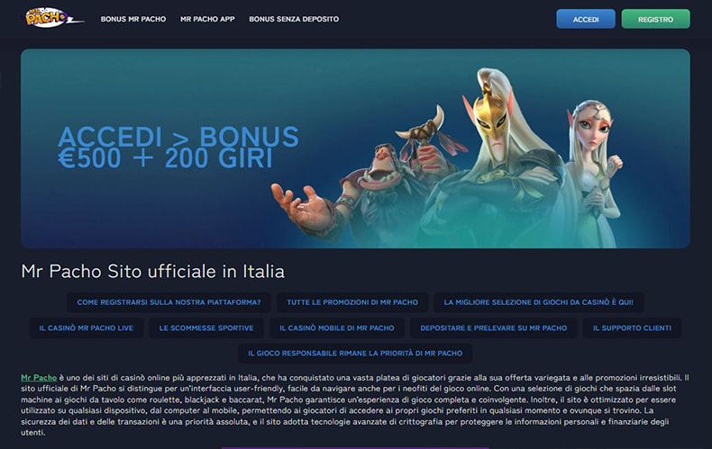 La homepage del casinò non AAMS Mr Pacho