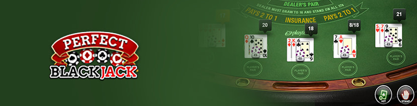 Il logo di Perfect Blackjack con carte da gioco, punteggi e i pulsanti del gioco RNG.