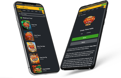Due smartphone con app casinò per giocare a Crazy Time Live, con loghi iOS e Android.