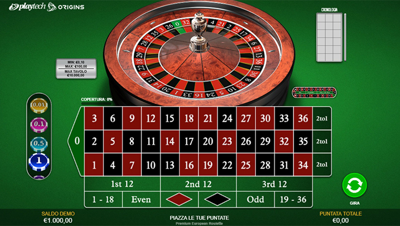 La schermata di gioco di Premium European Roulette