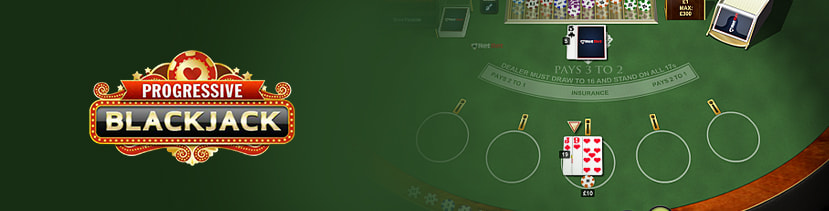 Il logo del Progressive Blackjack con la mano del dealer e del giocatore sul tavolo RNG.