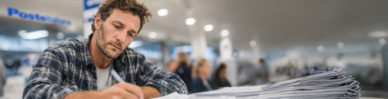 Uomo compila un modulo allo sportello di Poste Italiane per chiedere il rimborso sulla Postepay