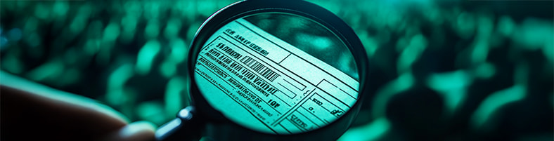 Lente d'ingrandimento su un biglietto di un concerto per verificarne l'autenticità