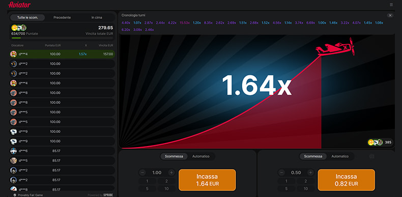 Una schermata del gioco Aviator di Spribe